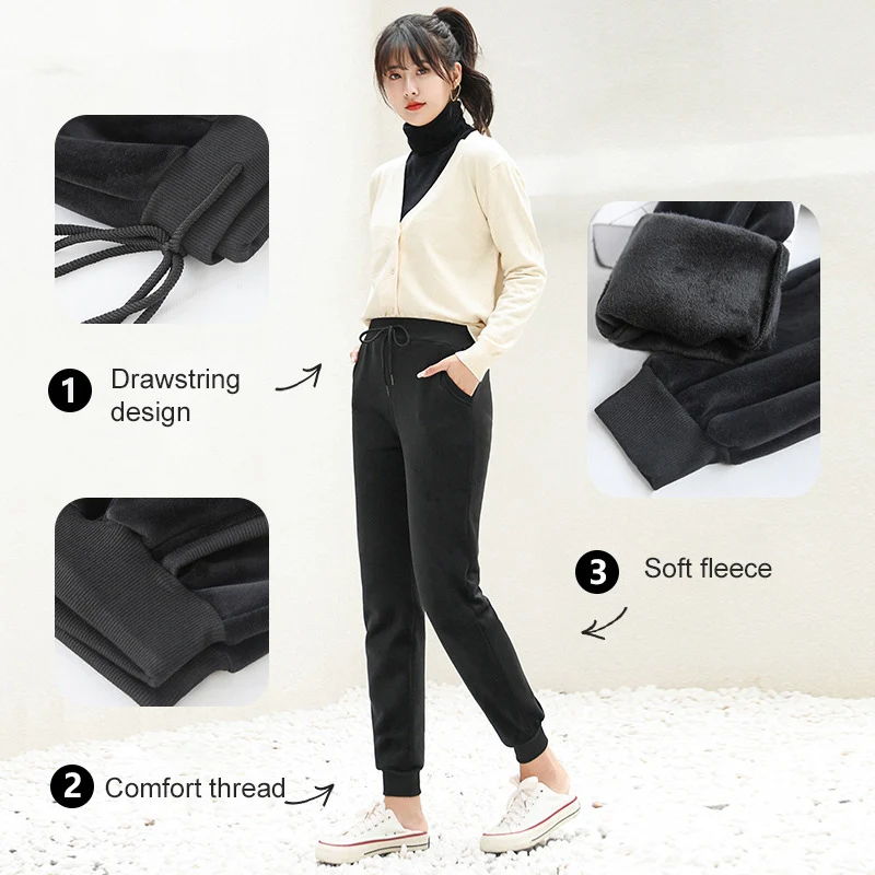 

Sweatpants Trousers Women Winter Lamb Fur Cashmere Slim Pants Women Casual Warm Pants Harem Pants Thick Lined Fleece Pants