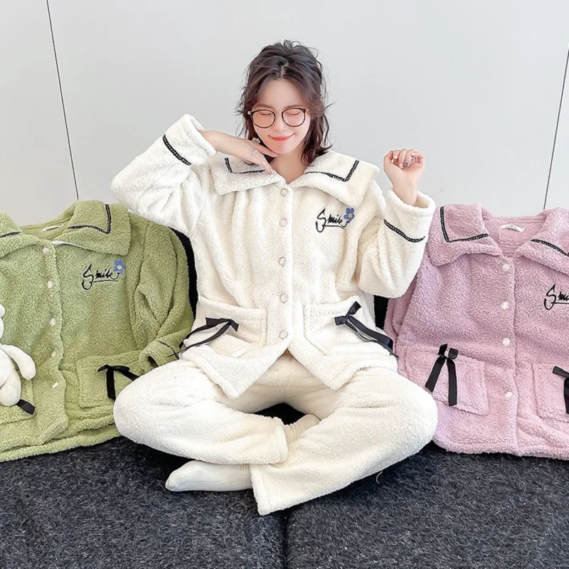 

New Winter Warm Women Pyjamas Pockets Flannel Fleece-Lined Thick Coral Fleece Kawaii Women's Home Wear Two Piece Set
