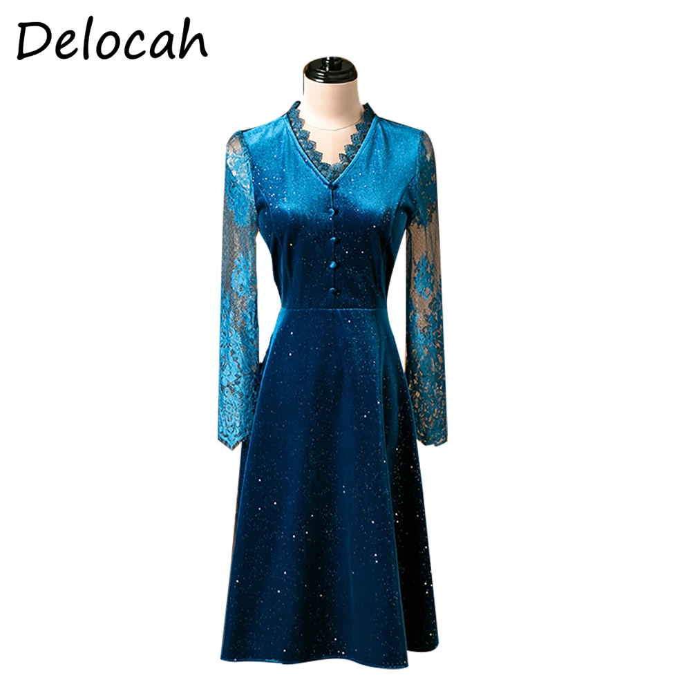 

Delocah WomenAutumn Fashion DesignerParty A-Line Dress Long Sleeve Lace High Waist Elegant Bodycon Ladies Midi Dresses vestidos