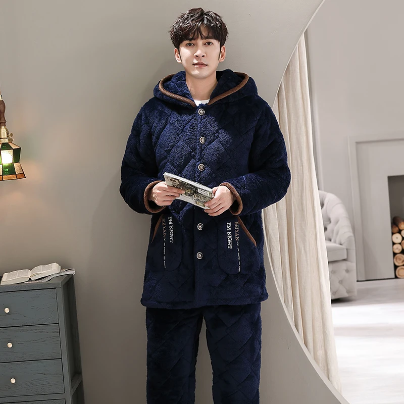 Winter Pajamas With Hooded For Men Thick Three-layer Quilted Sleepwear Suit Pyjama Homme Warm Casual Home Clothing Pijama Hombre