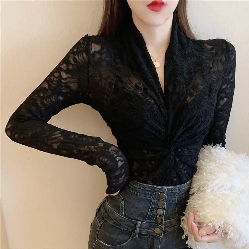 

Women White Blouse Tops Twist Sexy Shirt Casual Fit Long Sleeve Lace Crochet Office Shirt Female Slim Tight Shirt Sexy Blouse