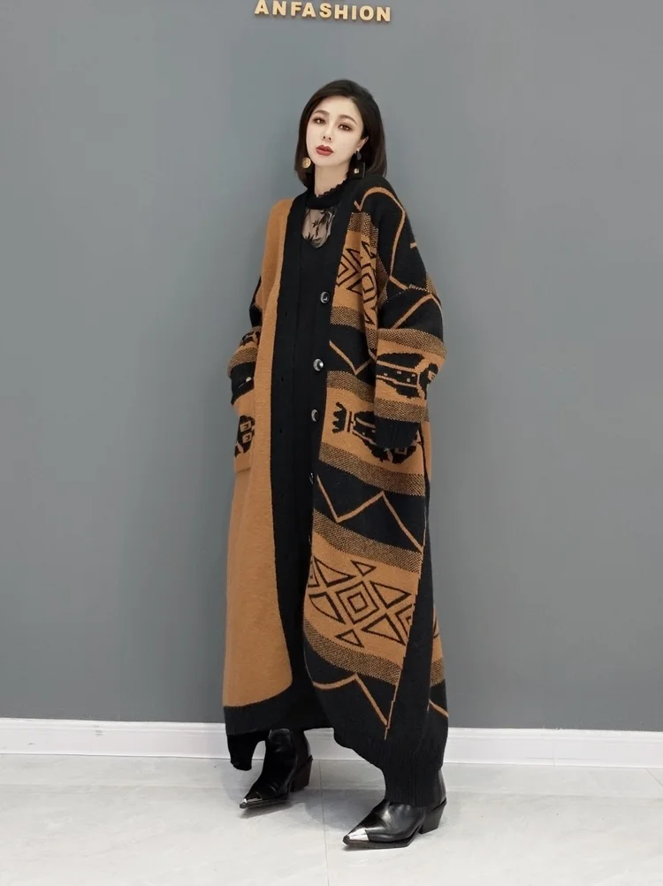 QING MO Spring Winter Fashion Retro Printing Sweater Jacket Women 2022 New Plus Size Single Breasted Knitted Long Coat ZWL1077 | Женская