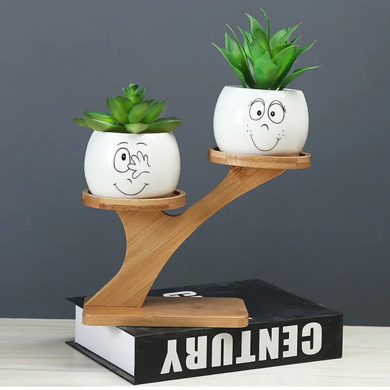 

White Ceramic Flower Pots With 2 Tier Bamboo Stand Holder Home Office Desk Garden Mini Cactus Plant Pot Indoor Decoration