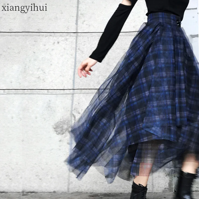 

Spring Print Blue Plaid Irergular Skirt All-match Casual High Waist Women Long Asymmetrical Skirts Female Bottom Mesh Tulles