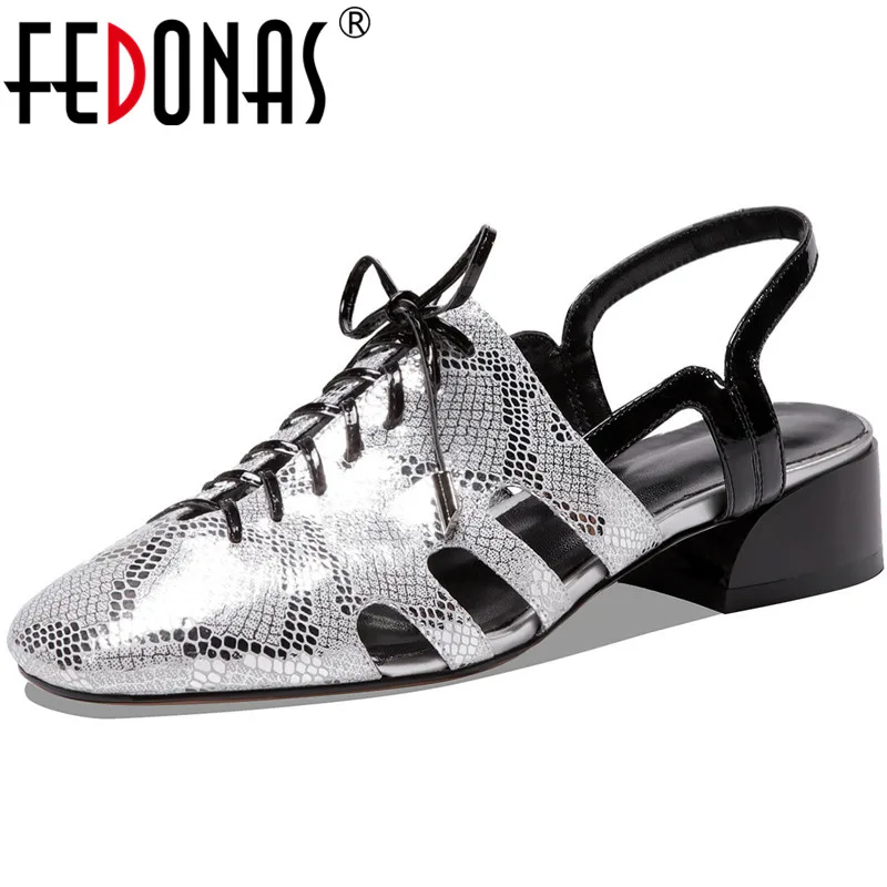 

FEDONAS 2021 Cross Tied Genuine Leather Sandals For Girls Spring Summer Chunky Heels Pumps Dancing Party Square Toe Shoes Woman