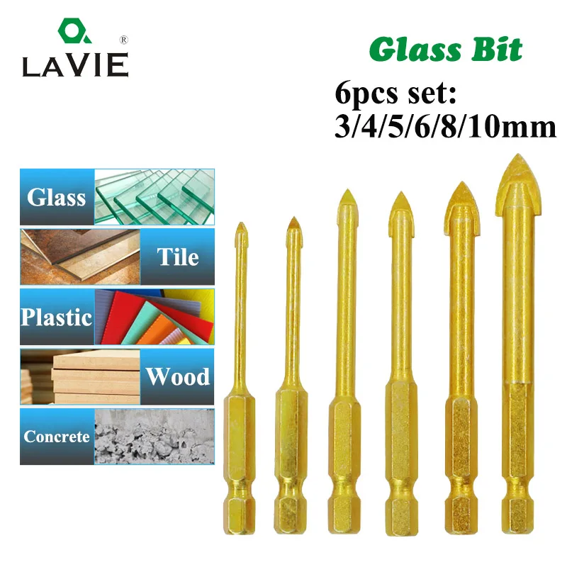 

6pcs 1/4" Hex Shank Glass Bits Titanium Coated Glass Drill Set 3 4 5 6 8 10mm Tile Concrete Flat Tip Hole Bit Drilling DB02008