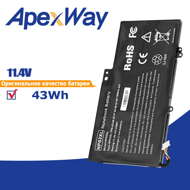 

11.4v 43WH Laptop Battery for HP TPN-Q147 TPN-Q148 TPN-Q149 NP03XL TPN-Q146 760944-421 HSTNN-LB6L for Pavilion X360 13-A010DX