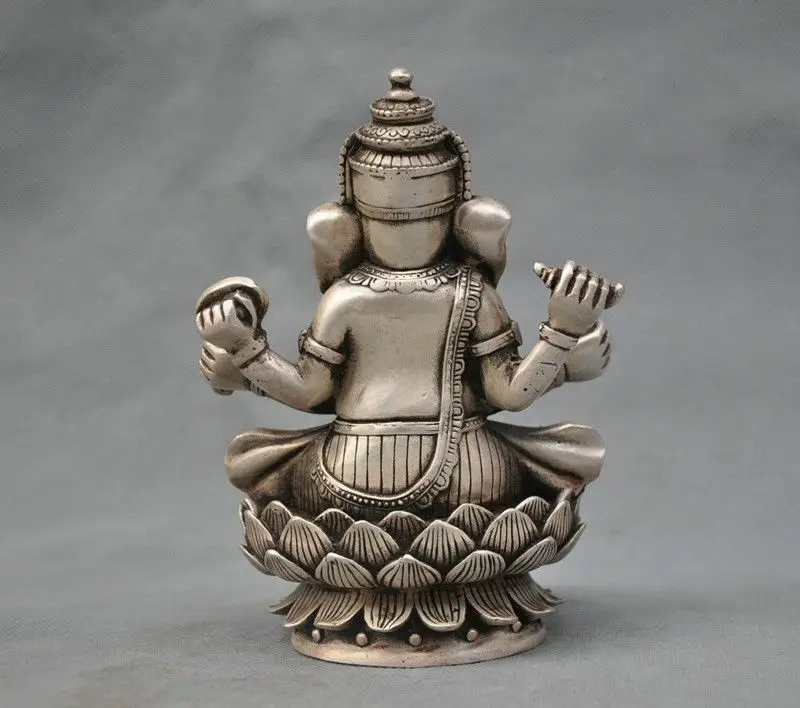 

6'' China Silver Bronze Buddhism Four Arm Elephant God Wealth Bronze Statue