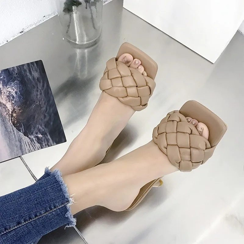 

Luxury Slides Women 8cm High Heels Mules Fetish Pumps Individual Weave Leisure Blue Office Ladies Prom Slippers Women's Shoes