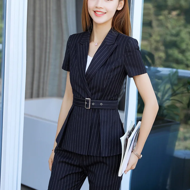 Женский Деловой брючный костюм блейзер с короткими рукавами и брюки офисный