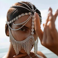 gorgeous rhinestone flower tassel face chain mask masquerade jewelry for women luxury crystal multi layer head chain headband