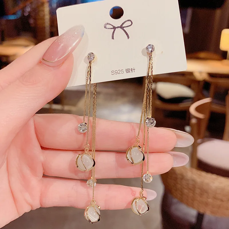 

JUWANG 2022 Luxury Long Tassel Stud Earrings For Women Fashion Jewelry Water Drop Crystal Opal Pendant Ear Earring Piercing