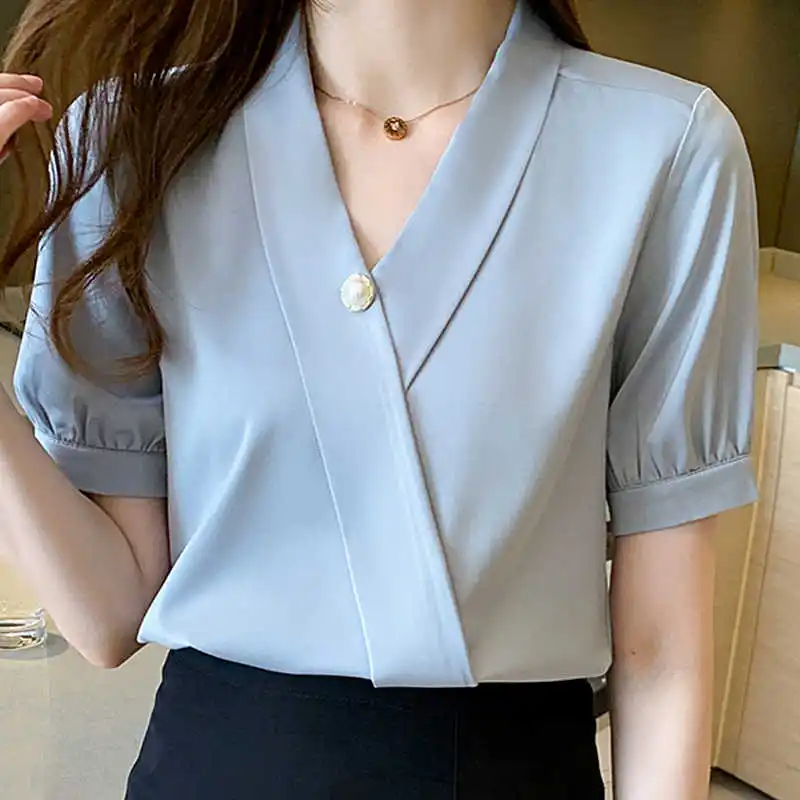 

Women Blouses Short Sleeve Summer Tops Women V-Neck Blue Chiffon Blouse Shirt Blouse Women Blusas Mujer De Moda 2021 Verano E687