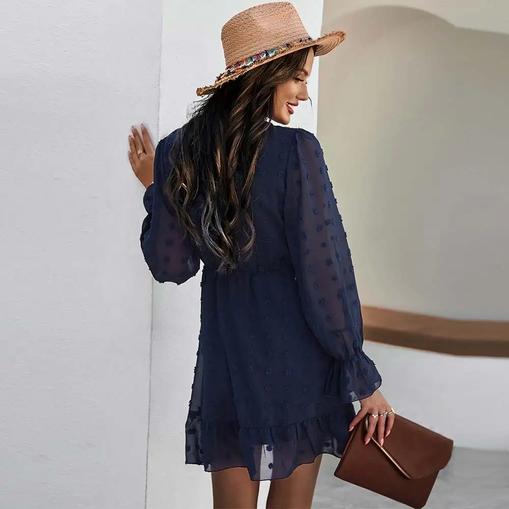 

2021 New Spring Summer Chiffon Dress Women Casual Ruffle Solid Color V Neck Long Sleeve High Waist Dress For Women