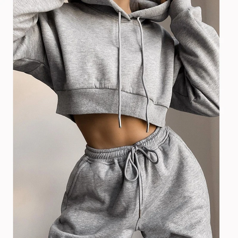 

Autumn Two Piece Set Hoodie Solid Color Short Tops And Long Pants Loose 2 Piece Set Women Fashion Sexy Sport Female Tracksuits