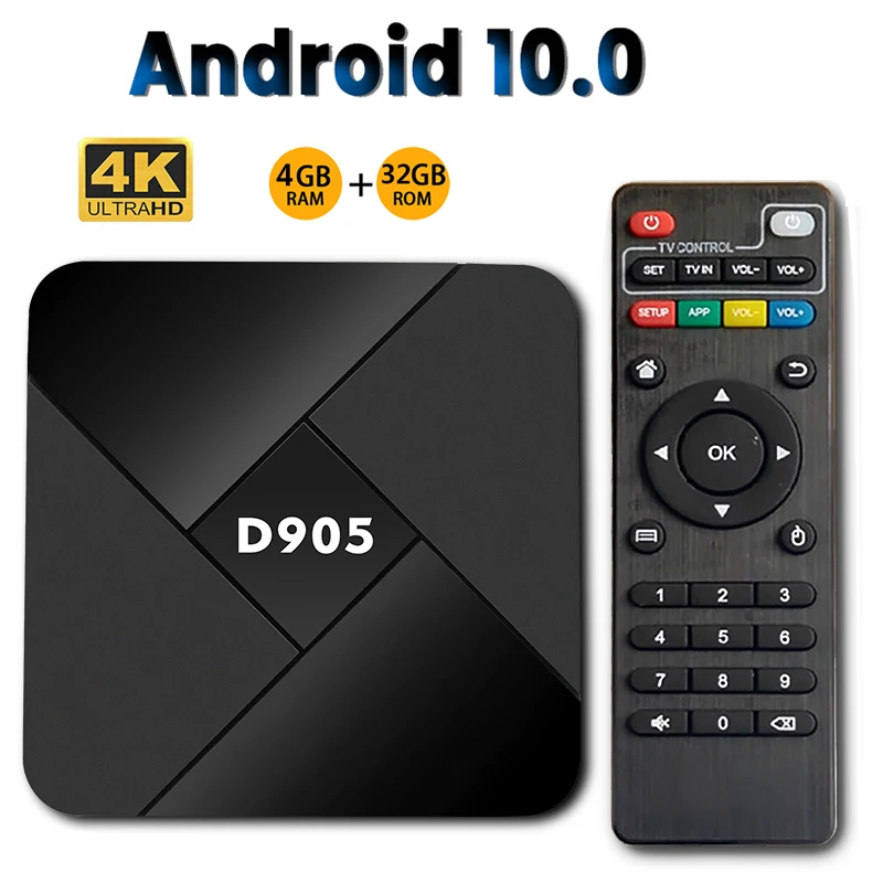 

D905 Smart TV Box Android 10.0 4GB 32GB Wifi 2.4G 4K TV BOX Set Top Box Media Player For Youtube Flicker Facebook 24 Languages