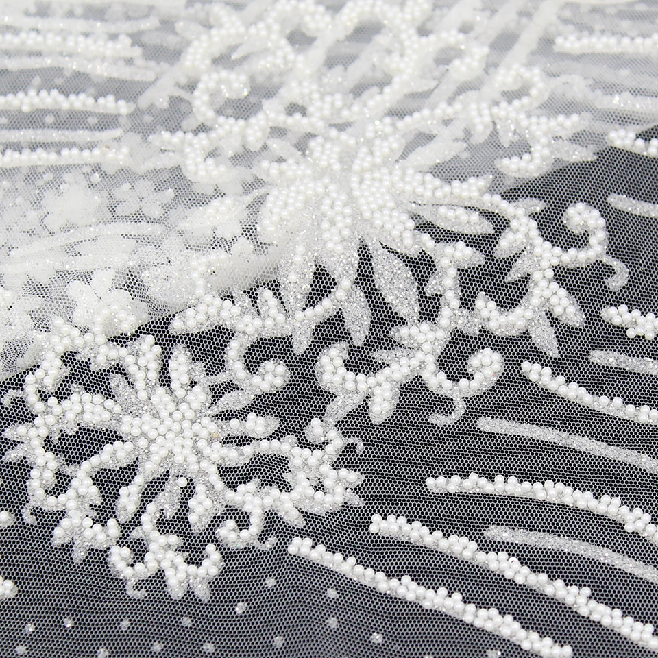 

Bridal Luxury High Quality French Glitter Tulle White Beaded Lace Fabric Wedding Evening Dress Material Sewing Textiles Latest