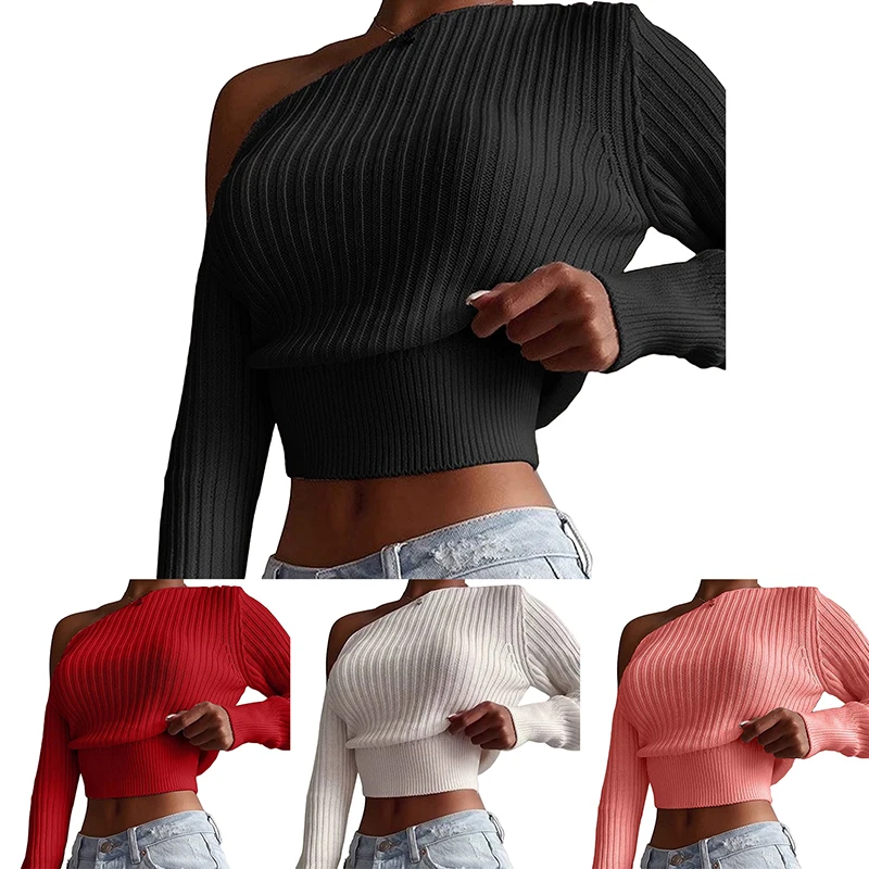 

Autumn Women's Sweater Sexy Slim Solid Color Strapless Pullover Lady Short Waist Long Sleeved Sweater