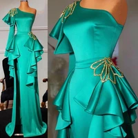 long sleeve prom dress split green green one shoulder ruffle evening dresses p2274