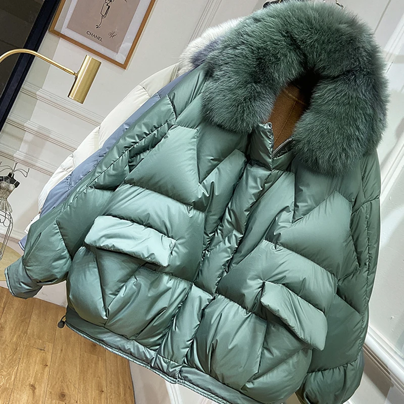 

Натуральный Лисий меховой воротник, зимняя женская длинная куртка с капюшоном, белый пуховик на утином пуху, Женское пальто, ультра-светиль...