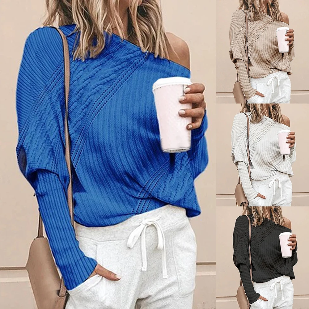 Свитер с открытыми плечами сексуальный женский вязаный джемпер длинными