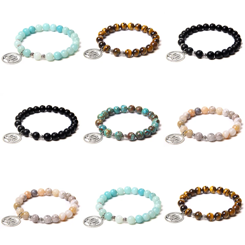 

Buddha Lotus Charm Bracelets For Women 8 mm Polished Tiger Eye Stone Beads Bracelet Men Handmade Revitalize Elastic Jewelry