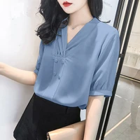 fashion women spring summer style chiffon blouses shirt lady casual short sleeve v neck solid womens casual loose tops