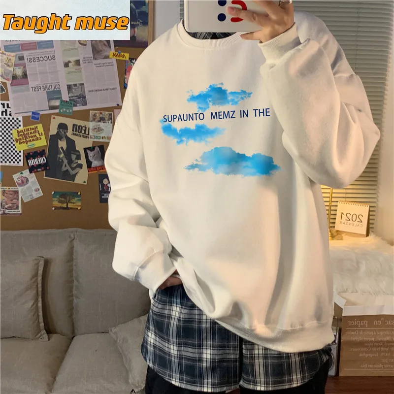 

Winter Hong Kong Style Printed Fleece-Lined Crew Neck Sweater Men's Korean Loose Couple Pullover Outerwear Top