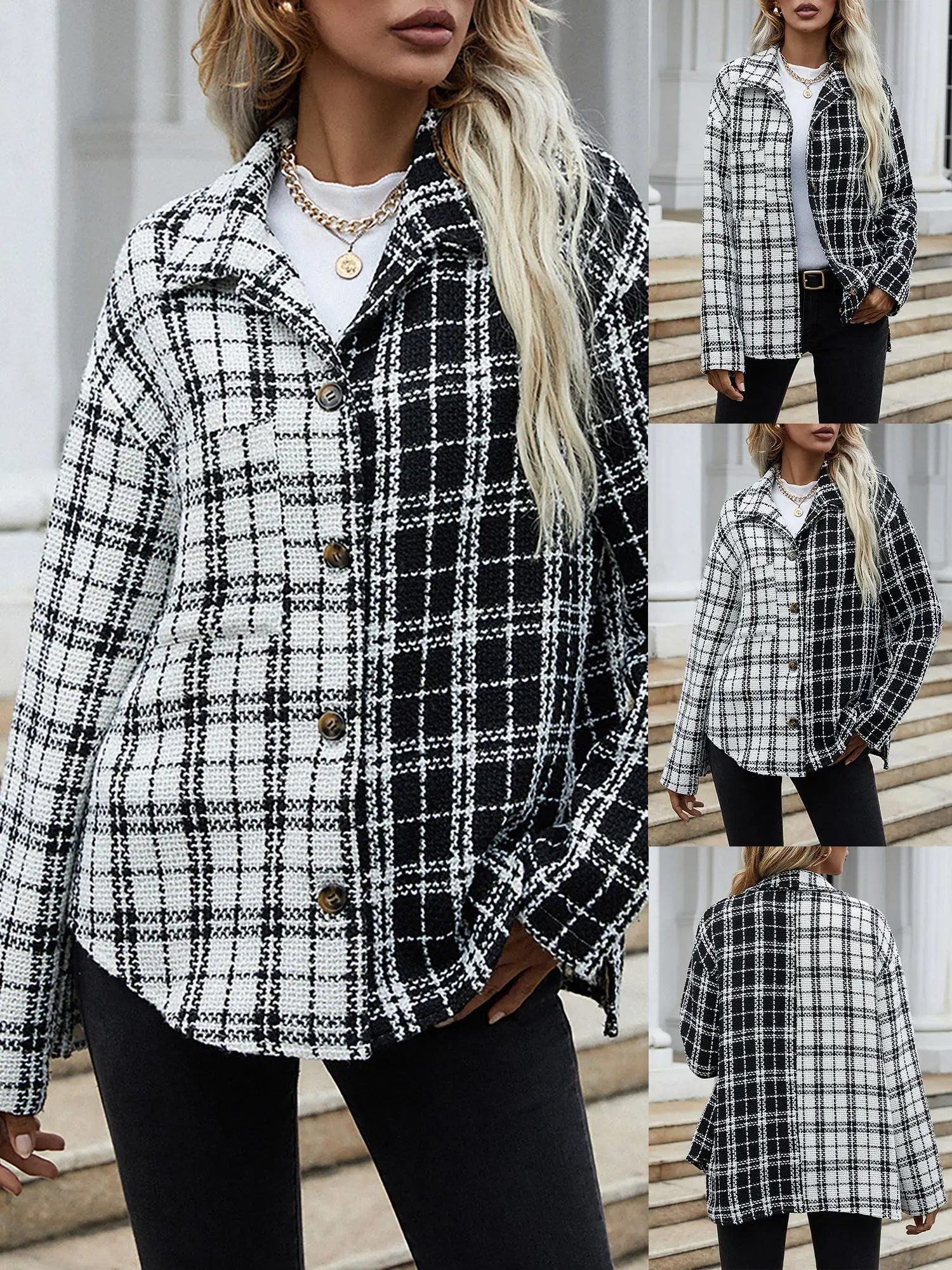 

Patchwork Ladies Shirt Tops Long Sleeve Button Black-White Women Blouses Tee Shirt Autumn Spring Coat Jacket Tee Shirt Blouses