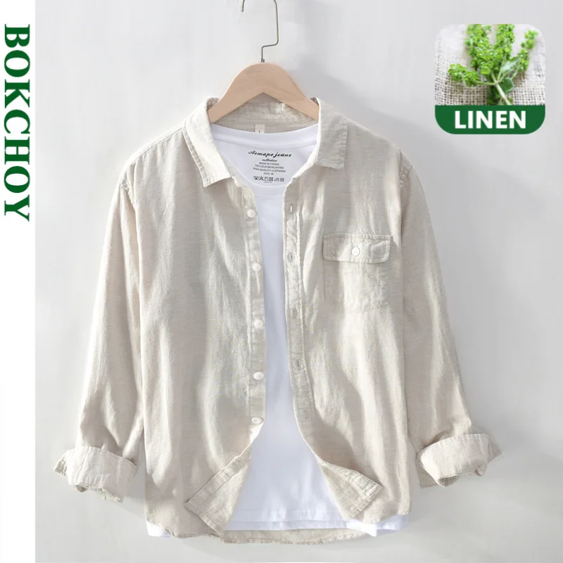 

Retro Linen Shirts for Man Cotton Hemp Made Breathable Comfortable Vintage Long Sleeve 2020 Autumn Winter New GML04-730