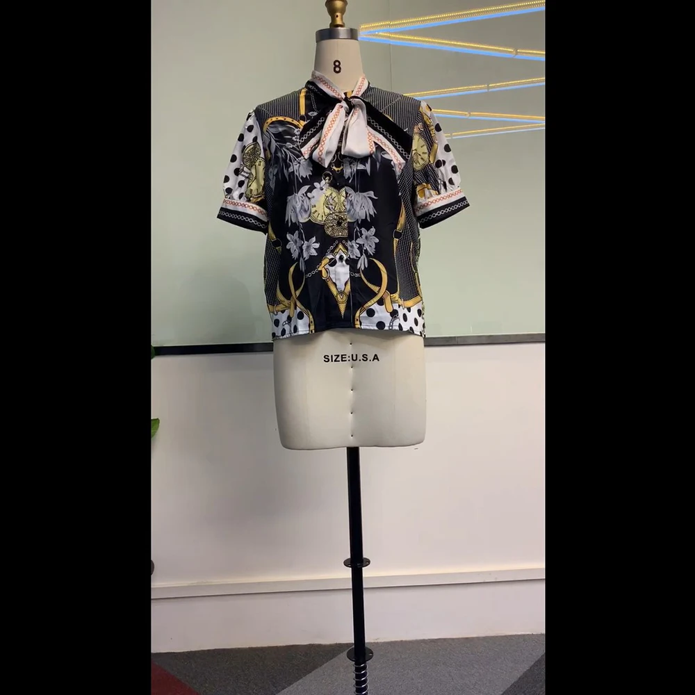 Женская блузка с коротким рукавом винтажная черная цветочным принтом и бантом