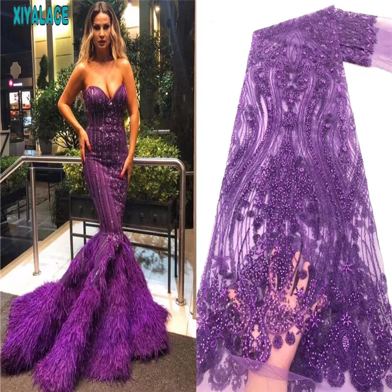 

2021 African Lace Fabric Purple Tulle Lace Fabric with Beads New Sequins French Nigerian Lace Fabrics Embroidery Laces KSNI4674