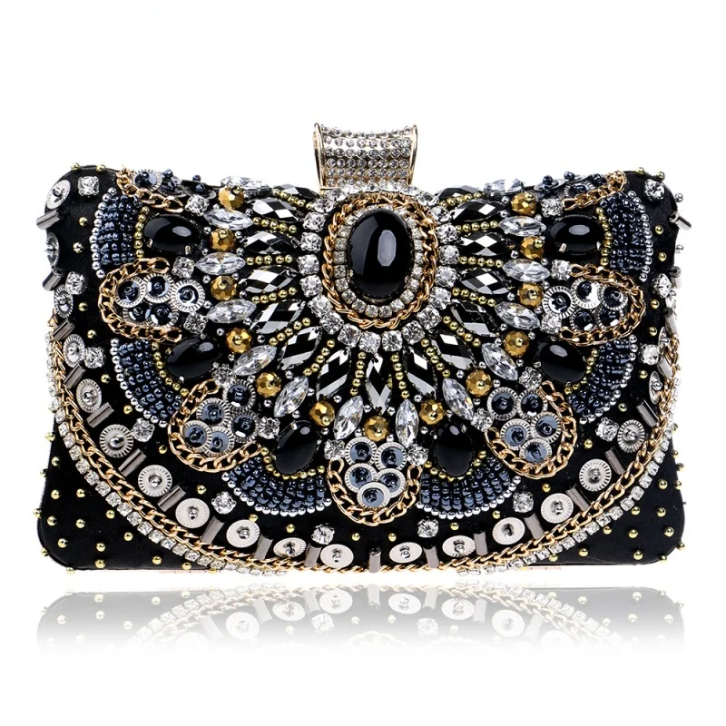 

Small Beaded Clutch Purse Elegant Black Evening Bags Wedding Party Clutch Handbag Metal Chain Shoulder Bags