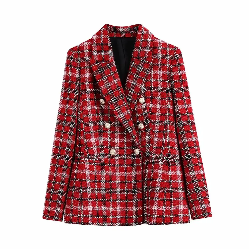 

2020 New Autumn Winter Women Plaid Blazer Double-Breasted Long Sleeves Coat Fashion Casual Vintage Woman Blazer