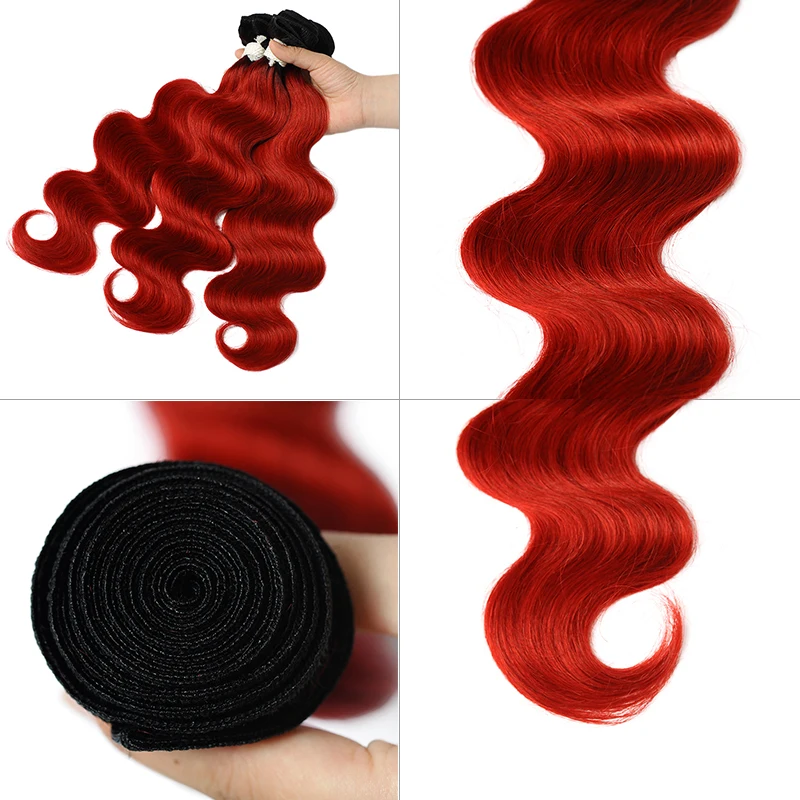 Remyblue 1B человеческие волосы пряди с закрытием красные волнистые бразильские 3 100