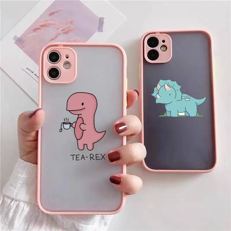 

Cartoon dinosaur couple friends Phone Case For iphone 13 12 11 xr xs x 7 8 pro max Light pink Soft TPU Silicone Clear Case Cover