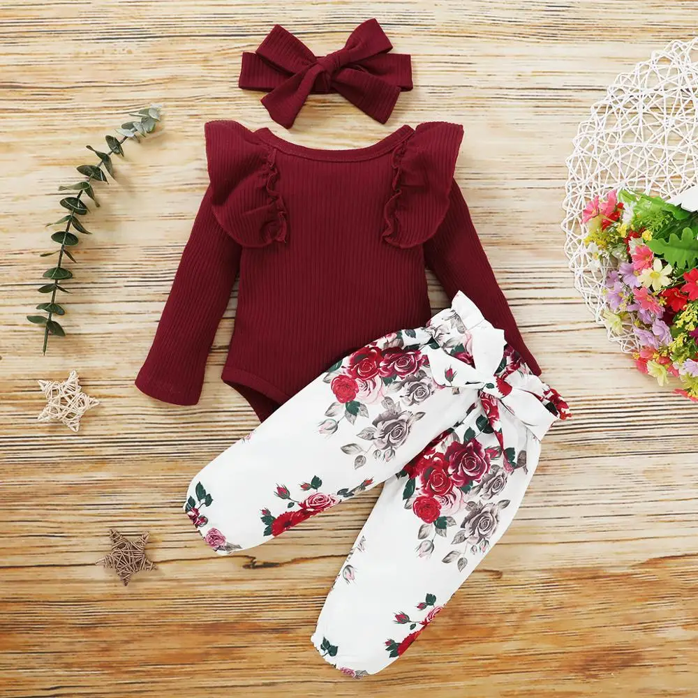 

3Pcs Newborn Baby Girls Clothes Set Toddlers Girl Outfits Romper + Pants +Bow Little Girls Clothing Infant New Born Clothing