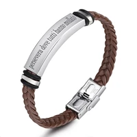 prmoo custom name stainless steel bracelet hand woven twist braid leather bracelet for men personalized inspirational jewelry