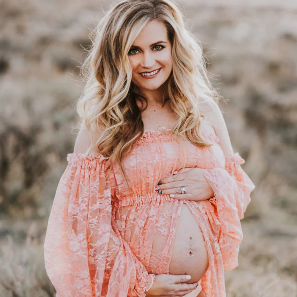 Maternity Lace Dresses Women Sexy Off Shoulder Long Sleeve Elegant Dress Pregnancy Dress Photography Robe Grossesse One Size