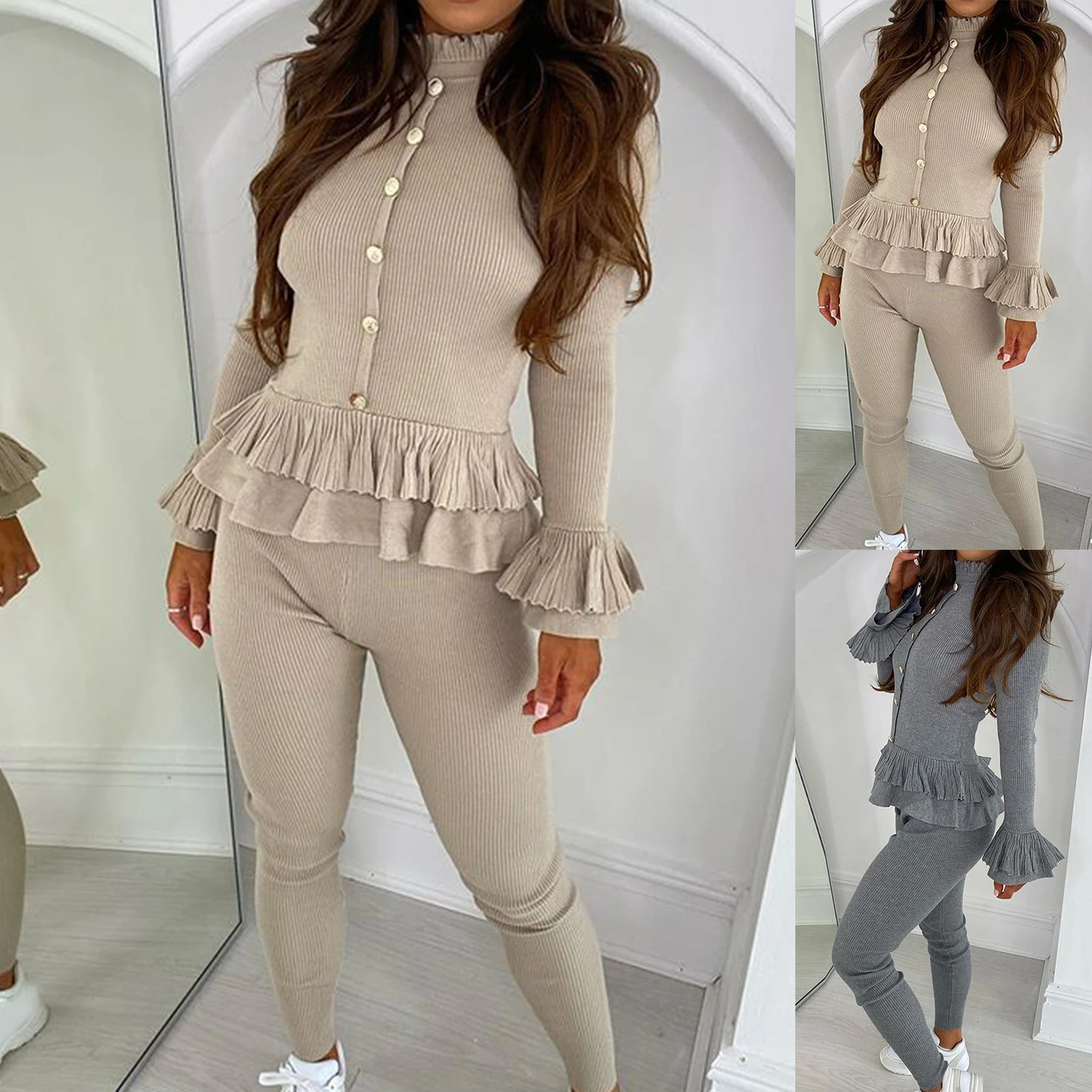 

Women's pit stripe knit suit ruffled flared sleeve knit top and slim trousers 2-piece set autumn fashion casual 2021