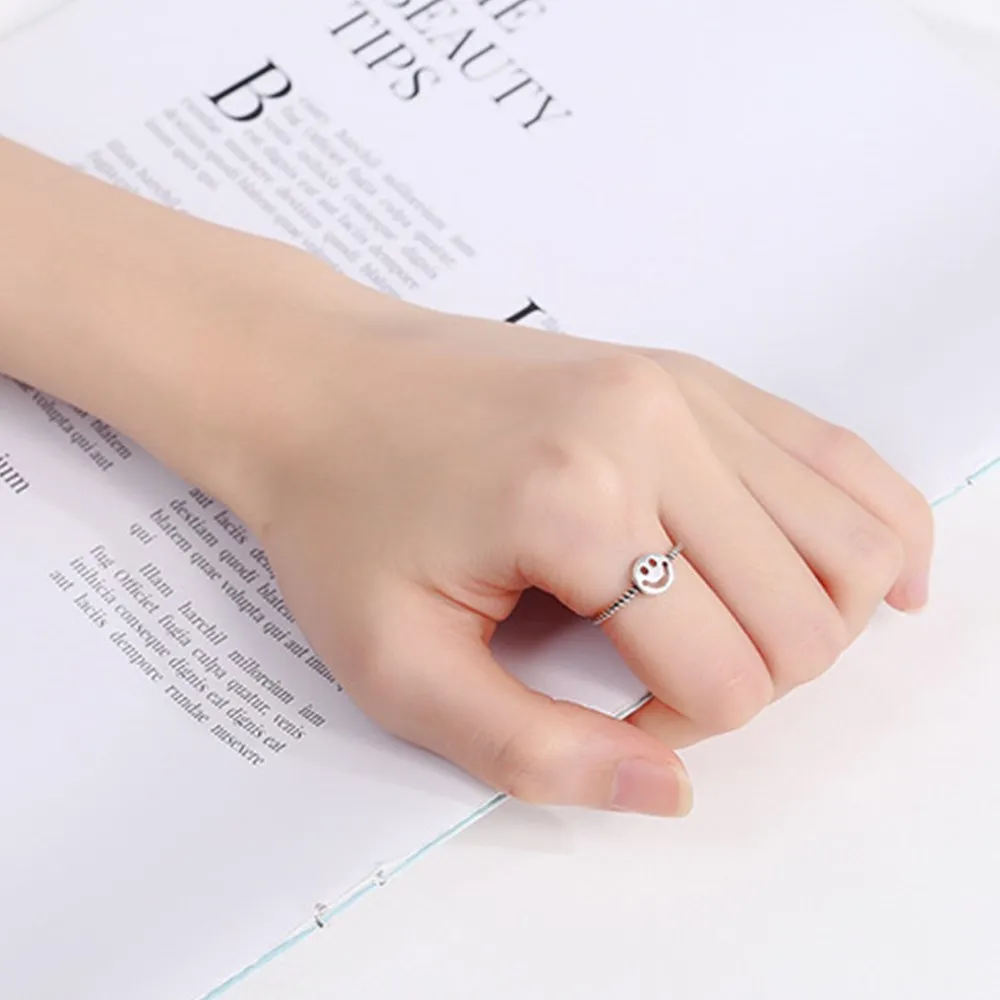 

925 Sterling Silver New Woman Fashion Jewelry High Quality Retro Simple Hollow Smile Face Black Open Ring Adjustable Size