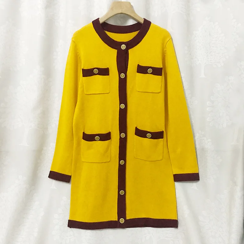 

Office Ladies Yellow Single Breasted Casual Four-Pocket Straight Long Sleeve Mid-Length Knitted 2021 Autumn Brand New Clothing