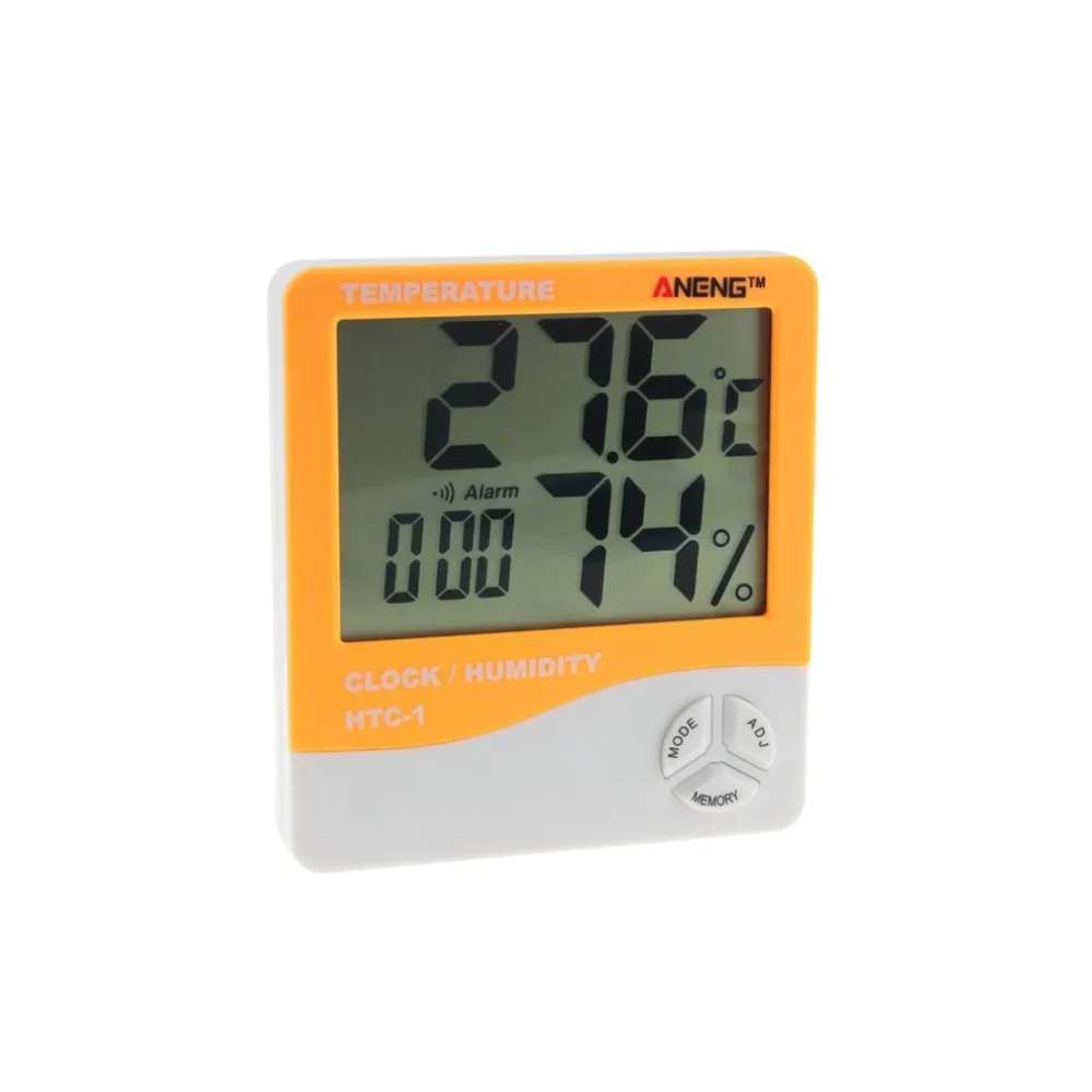 HTC-1 Indoor LCD Electronic Digital Temperature Humidity Meter Room Thermometer Hygrometer Alarm Clock Weather Station yellow |