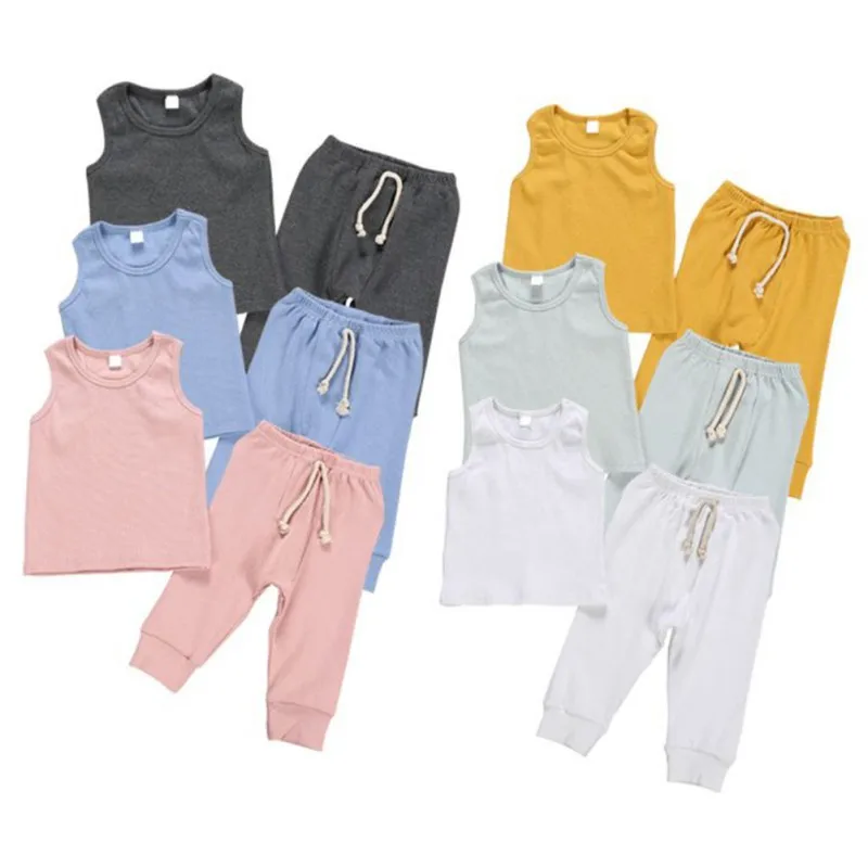 Повседневные однотонные майки без рукавов и длинные штаны для малышей комплект
