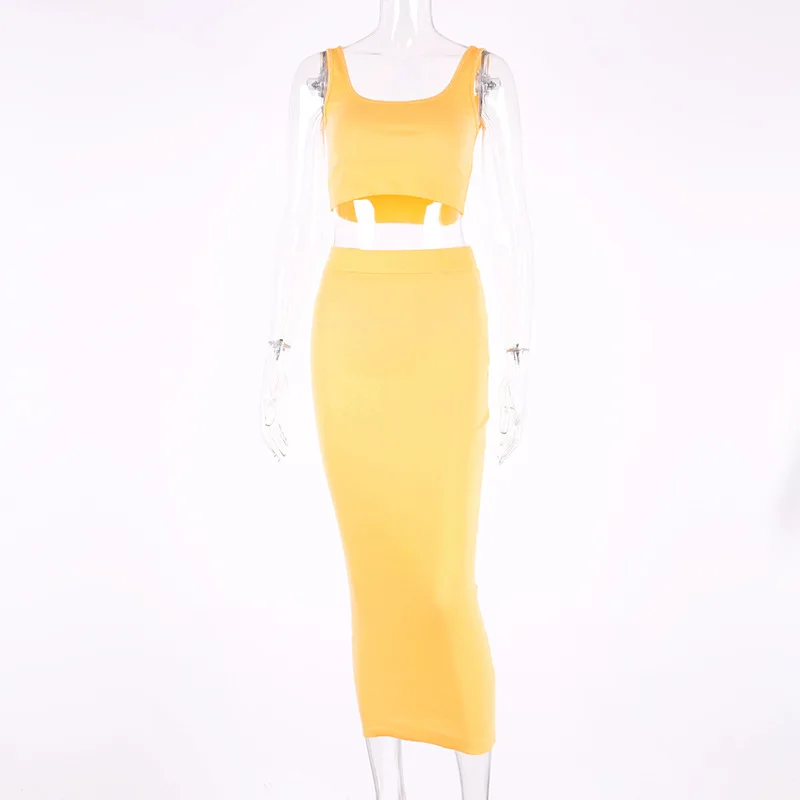 yellow Криптографический неоновый Модный укороченный топ без рукавов, женские комплекты, сексуальный комплект из двух предметов, сексуальная облегающая юбка с высокой талией, трикотажная юбка в рубчик - Цвет: yellow