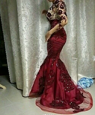 

Prom dresses 2020 long mermaid detachable train wine red long sleeve lace appliqued tulle formal party evening gowns for women
