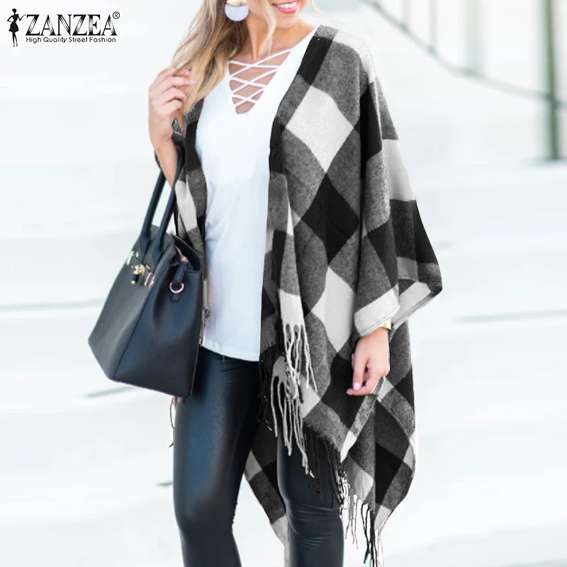 

Fashion Retro Women's Capes Ponchos Casual Vintage Loose Tops ZANZEA 2022 Spring Autumn Plaid Outwears Oversized Coats Jackets