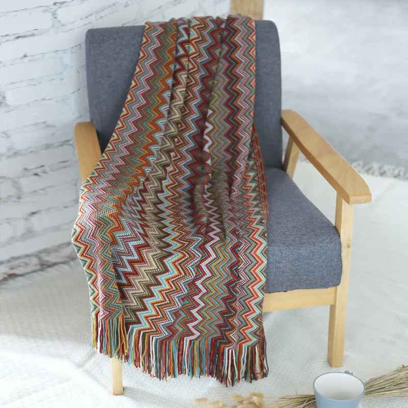 

Soft Blanket Throw Bohemian Style Knitted Striped Fluffy Warm Blanket Home Decoration Sofa Blanket Blankets for Beds