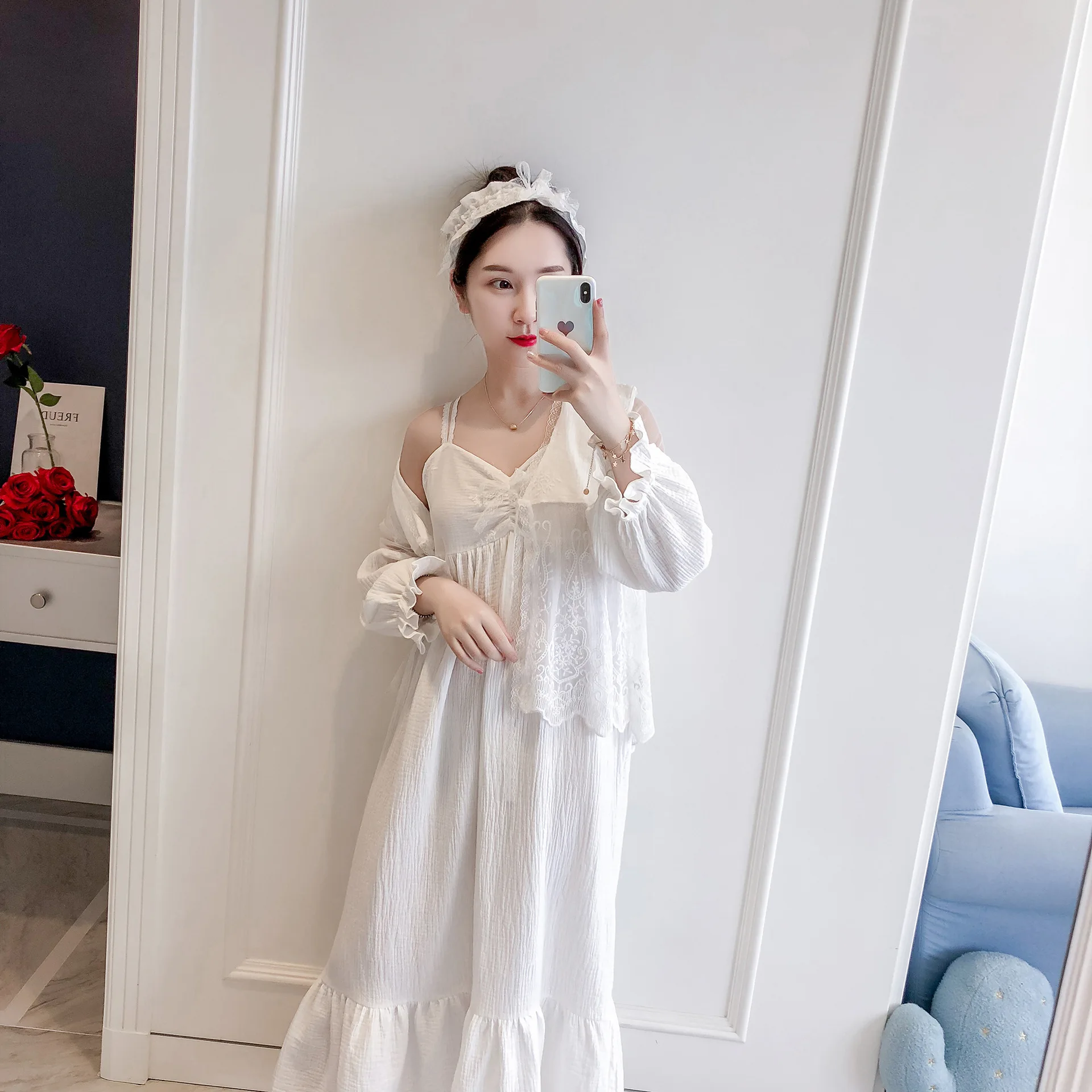 Хлопок с длинным рукавом женский халат набор пряжа кружева сексуальный спагетти