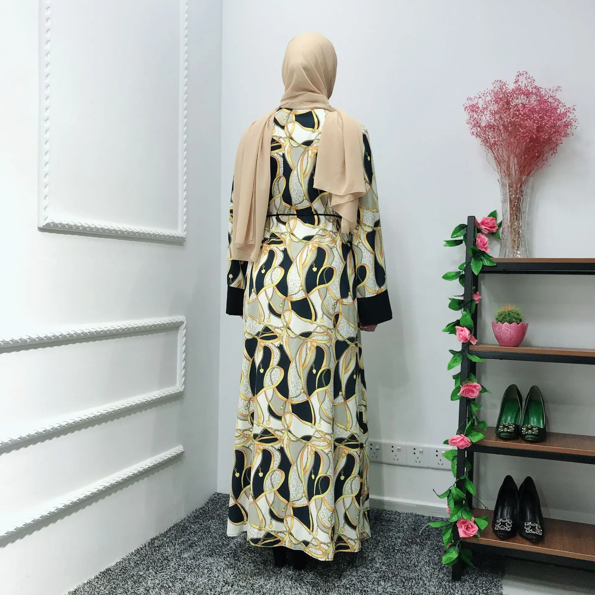 

Elegant Muslim Open Abaya Hijab Dress Women Print Lace-up Kimono Caftan Feminino Jilbab Dubai Turkey UAE Islamic Clothing
